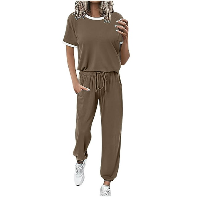 Yuyuzo Womens Workout Sets 2 Piece Sweatsuits Short Sleeve T Shirts Drawstring Running Pants with Pockets