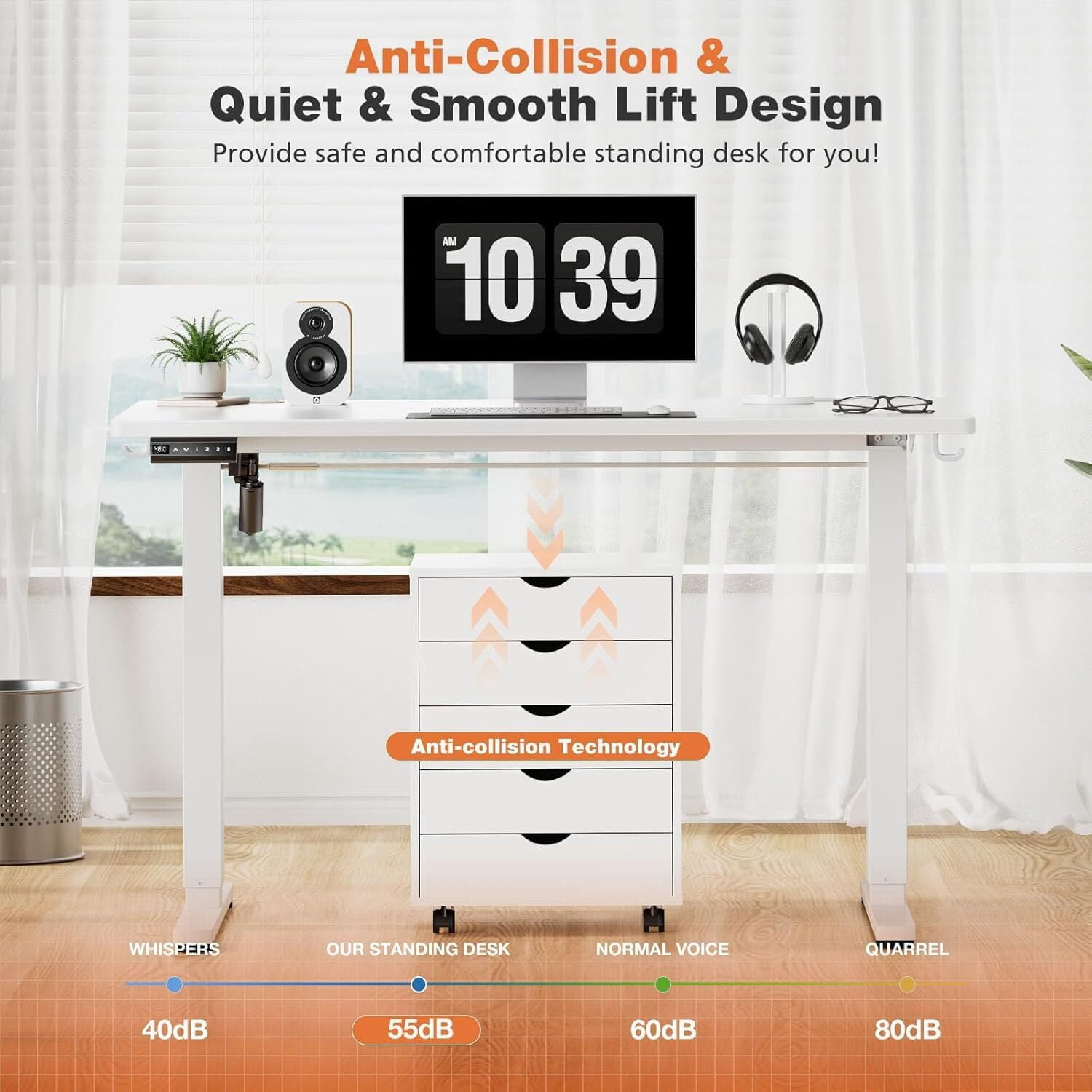 AENKYO Electric Height Adjustable Standing Desk with T-Shaped Metal Frame, Ergonomic Home Office Workstation for Computer, Modern Sit to Stand Desk，White