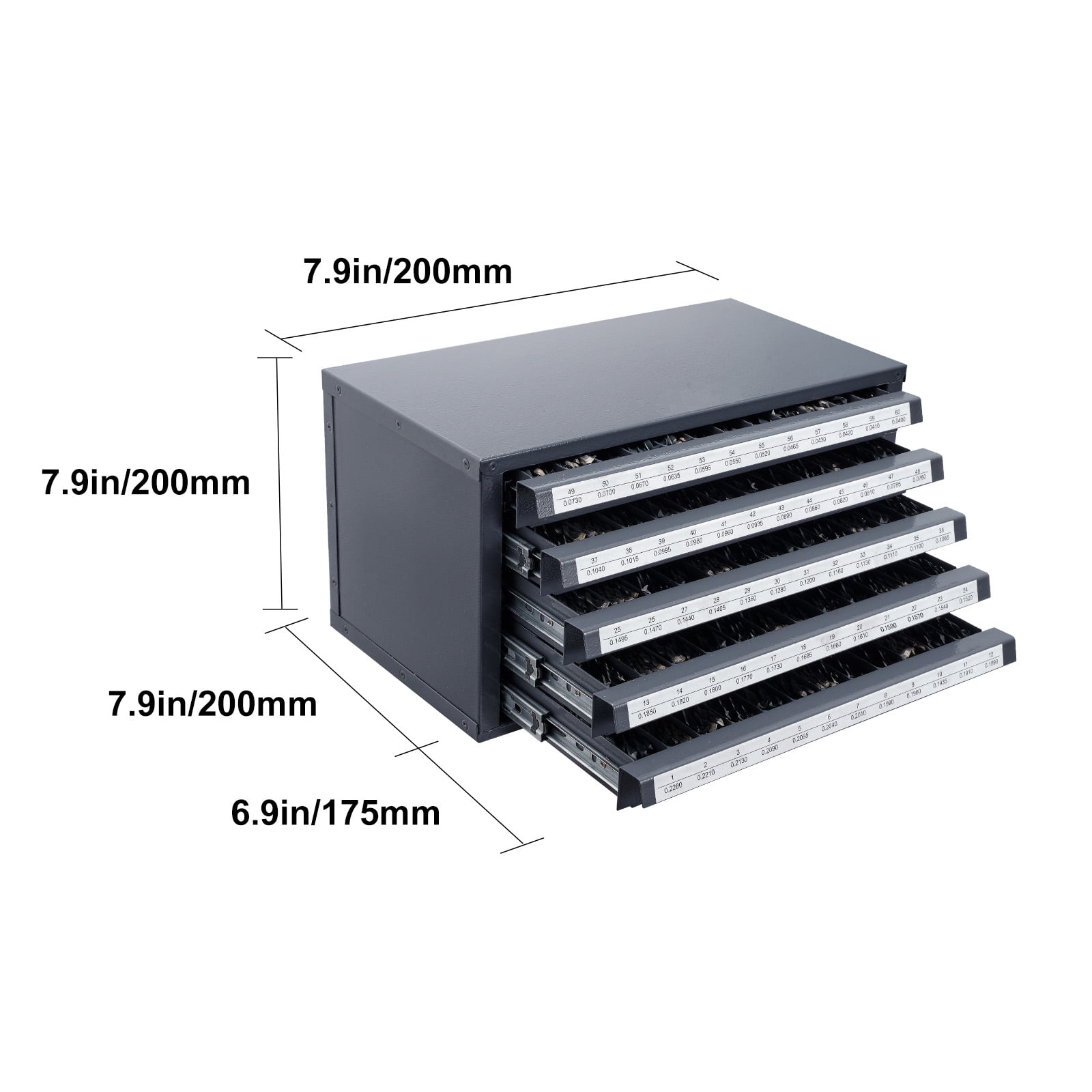 KFFKFF Drill Bit Storage Cabinet, Quintuple-Drawer Organizer for #1 to #60 Steel Drill Bits, Label-Included Stackable Cabinet for Drill Bit Organization