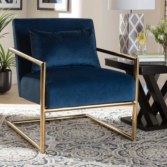 Baxton Studio Mira Glam and Luxe Navy Blue Velvet Fabric Upholstered Gold Finished Metal Lounge Chair
