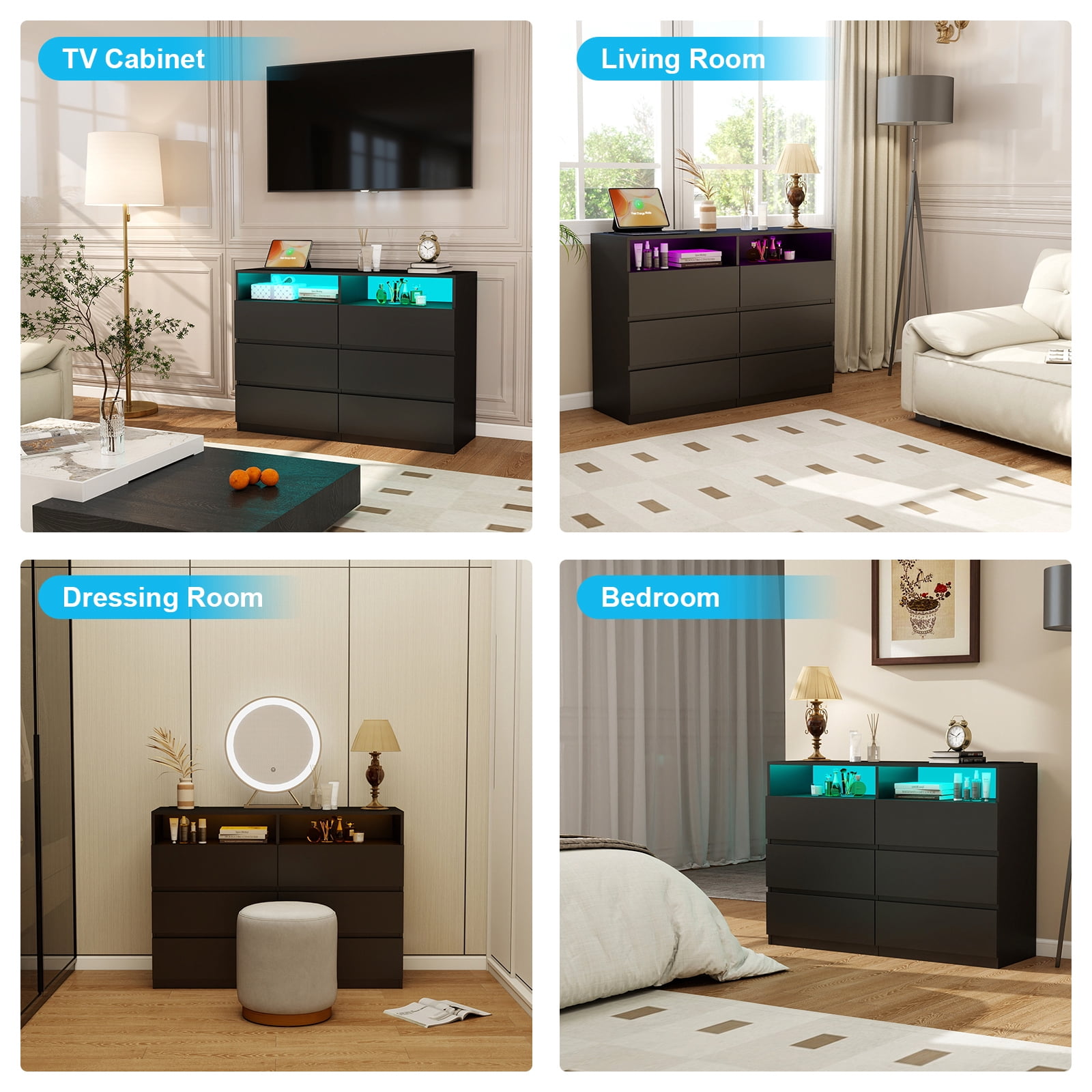 Black Dresser for Bedroom 6 Drawer with LED Lights & Power Outlet Modern TV Stand Double Dresser Wide Chest of Drawers Storage Cabinet for Bedroom,Game Room