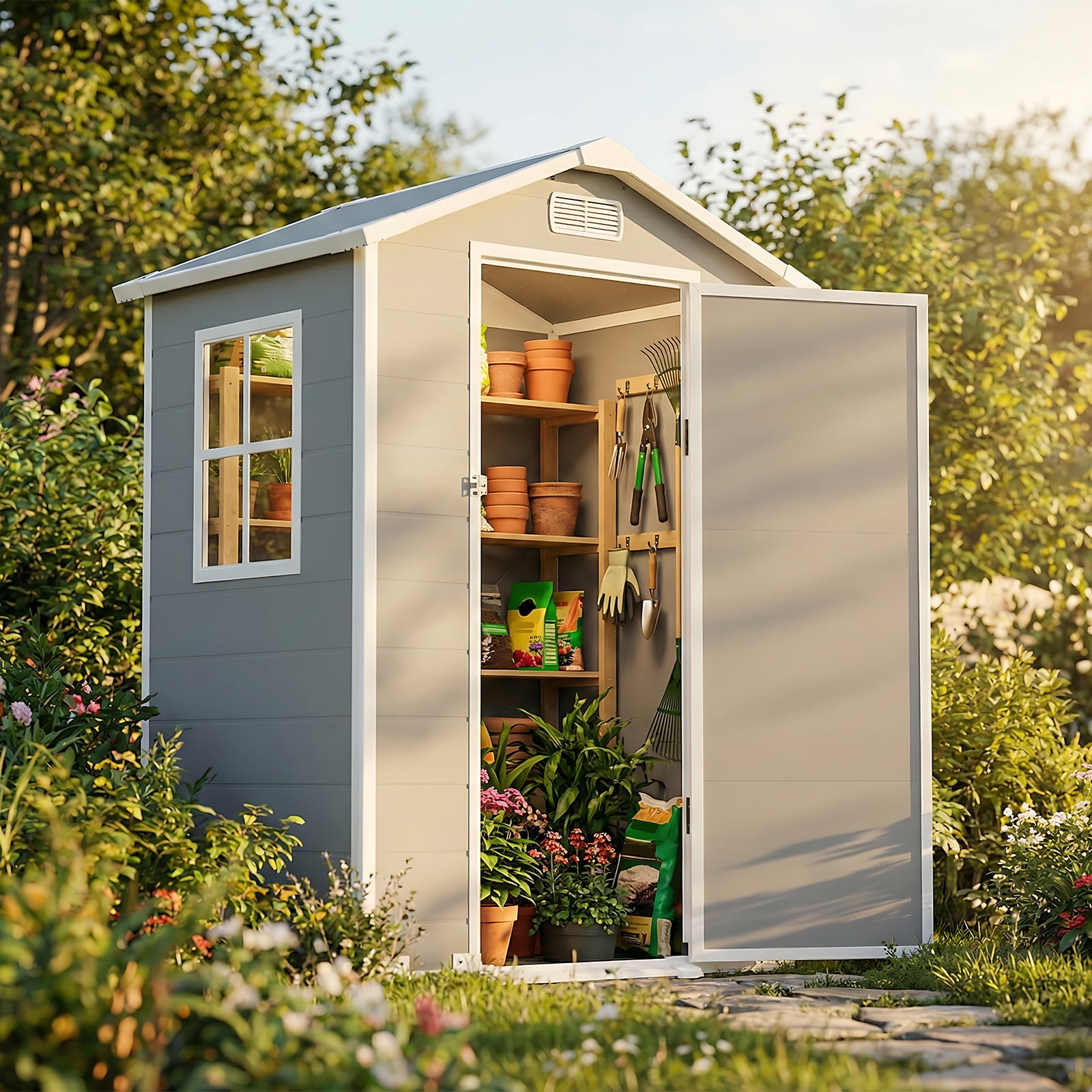 4x3 FT Gray Outdoor Storage Shed - Resin with Sloped Roof, Drainage Holes,Lockable Door,Transport Ramp, Window & Vent for Backyard, Garden, Patio, Lawn Optimized Five Bullet Points
