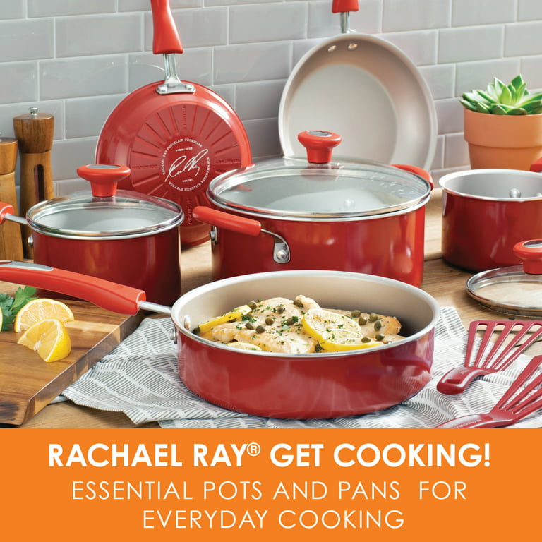 Rachael Ray 11-Piece Get Cooking! Pots and Pans Set, Cookware Set, Red 