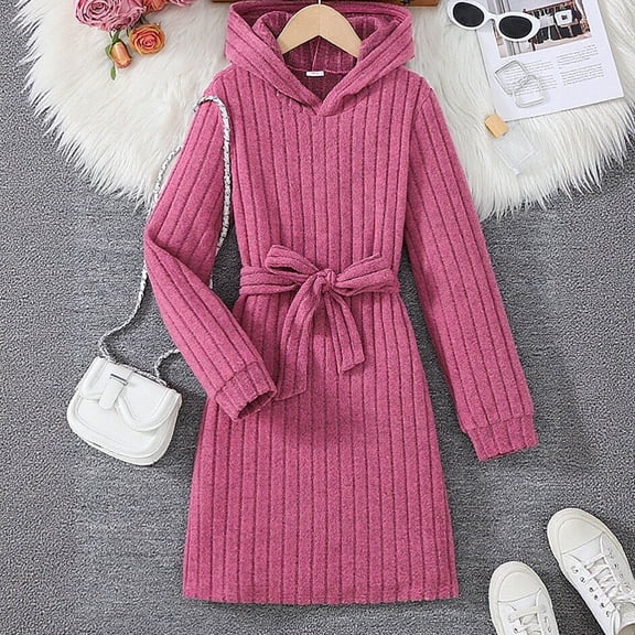 Letdown Girls Ribbed Knit Hooded Dress Long Sleeve Casual Solid Color Tunic For Big Kids Toddler Winter Fall Outerwear Daily Wear (Hot Pink,9-10 Years)