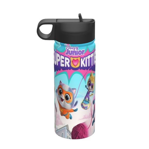 Super Kitties Kids Insulated Water Bottle With Straw - 18 Oz Stainless Steel Double Wall Vacuum Cup, Leakproof, Bpa Free, Suitable For Boys And Girls