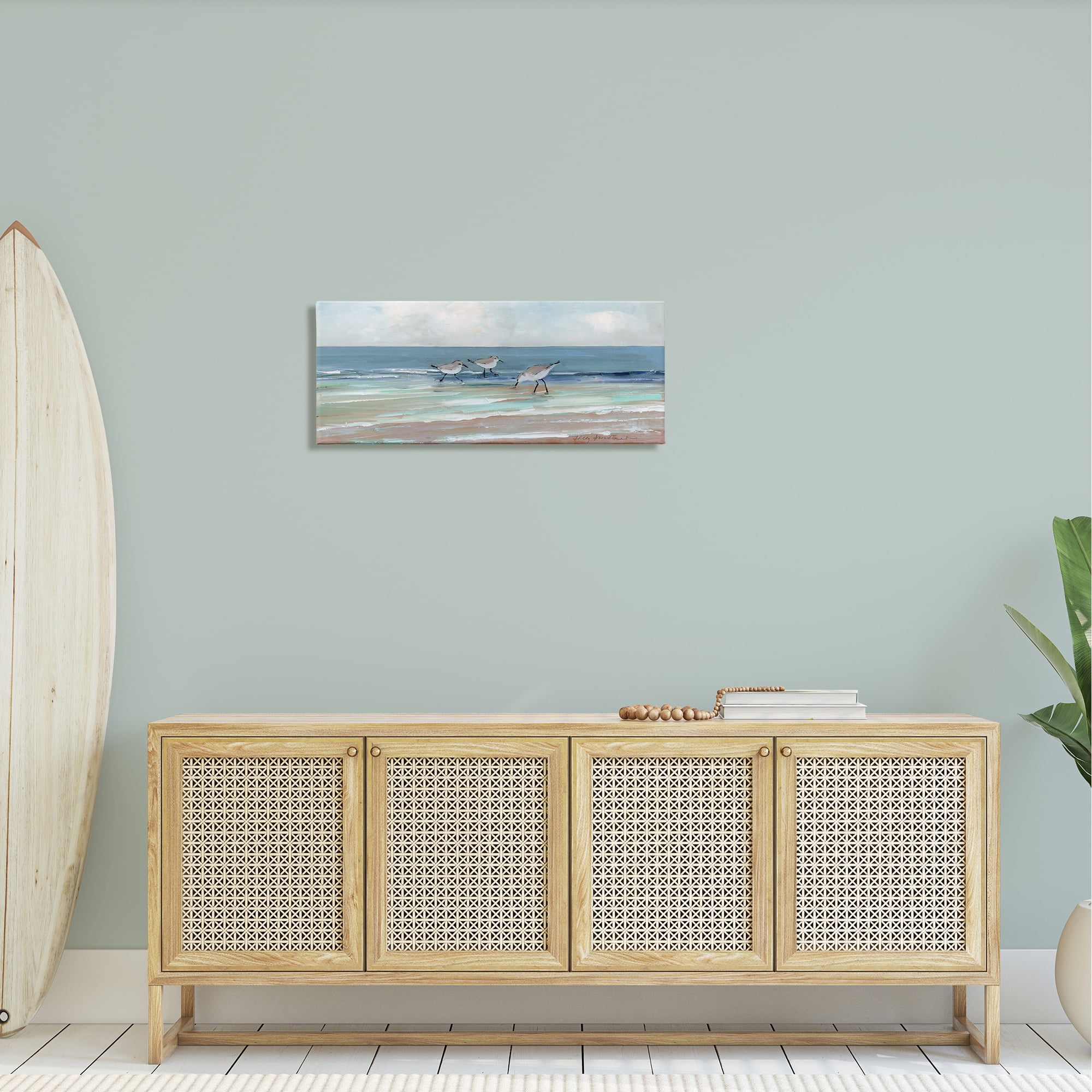 Stupell Industries Panoramic Sandpipers Birds Shoreline Ocean Landscape Painting , 30 x 13, Design by Sally Swatland