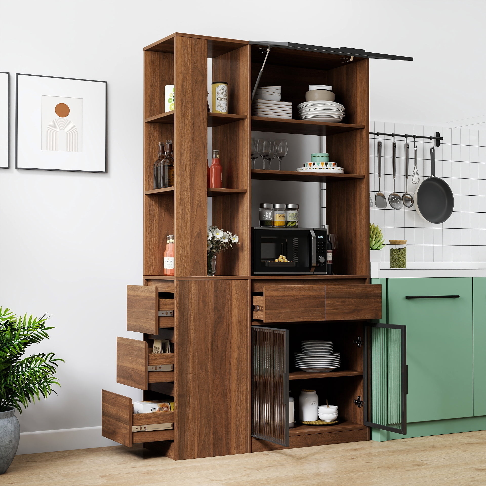 Mintazer 70.8" Tall Kitchen Pantry Storage Cabinet, Freestanding Food Pantry with Drawers & Fluted Glass Doors for Hallway Living Room, Walnut