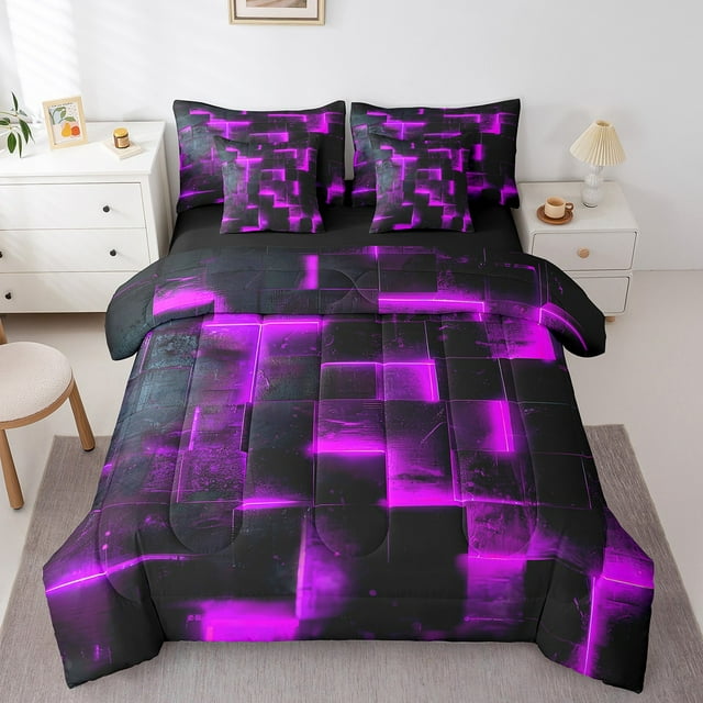 YST Black Purple Abstract Gradient Square Bedding Set, 7pcs, Modern Geometry Grid King Size Comforter Set