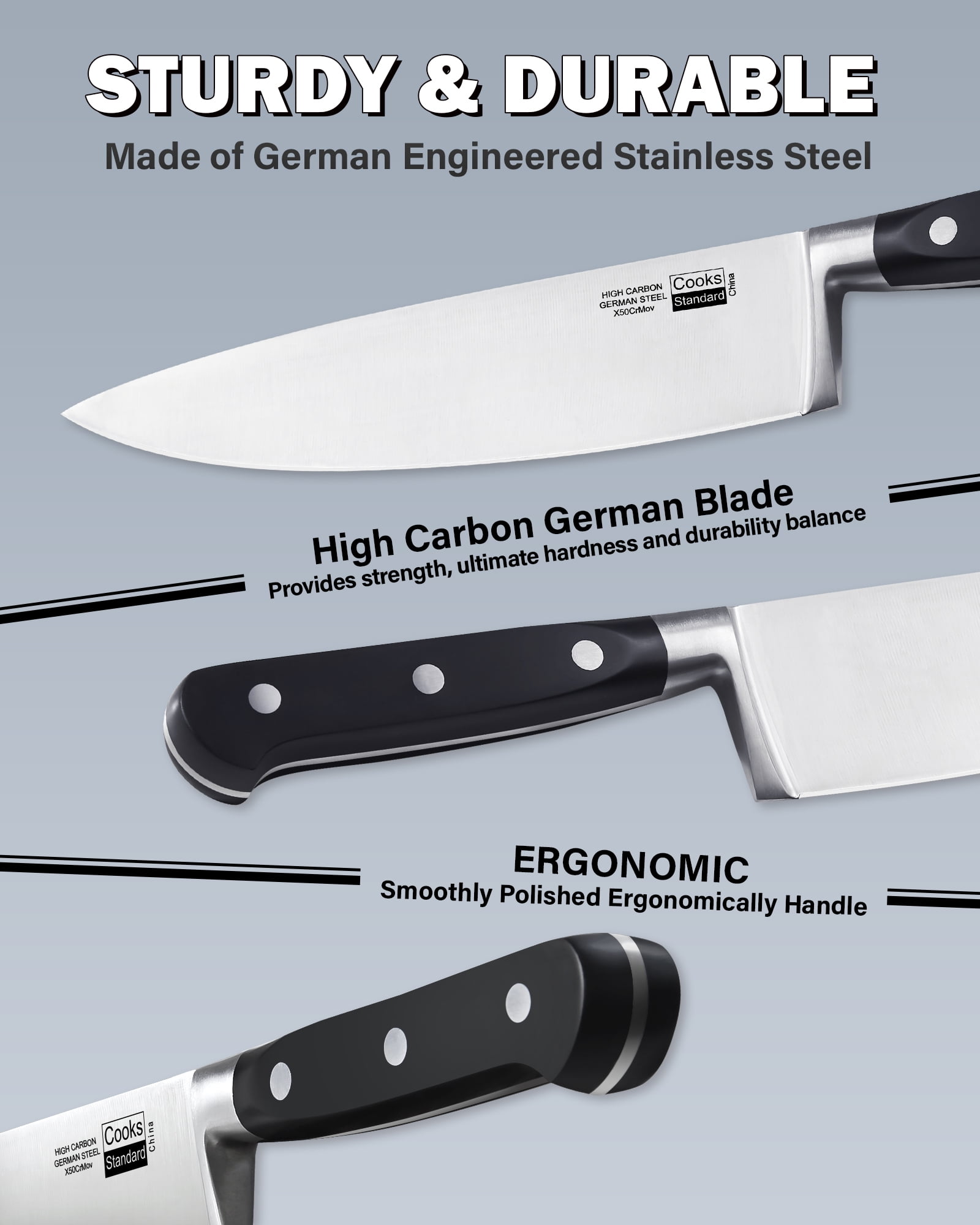 Cooks Standard Classic Cutlery  8 Inch/20cm Chef's Knife, High-Carbon Stainless Steel Serrated Blades, Ergonomic Handle, Sharp Triple Rivet
