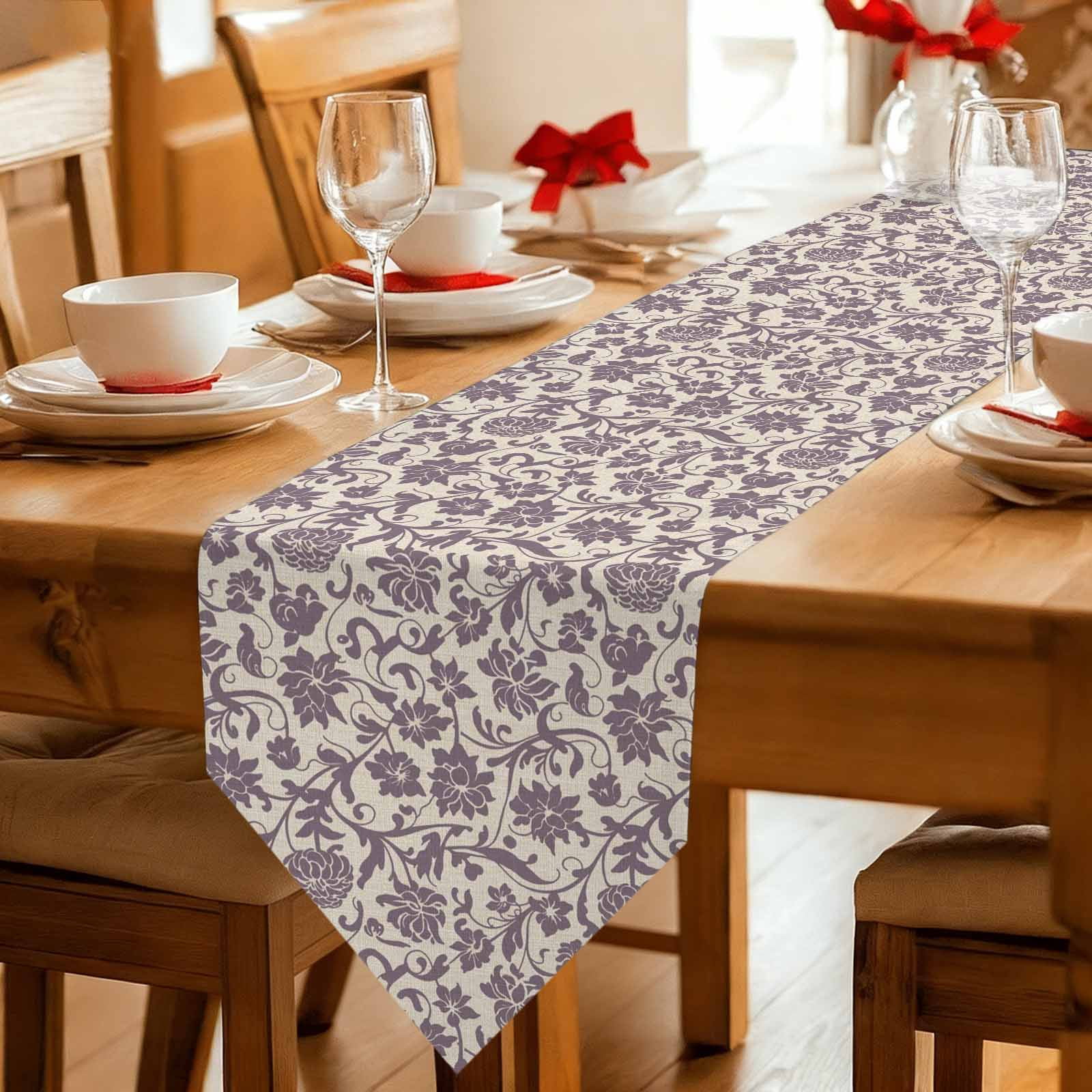 Purple Floral Table Runner Linen Burlap Table Runner 36 Inches Small Spring Plants Flowers Vintage Rustic Dresser Scarves for Kitchen Island Coffee Dining Party Wedding Banquet Holiday Decor 13"x36"