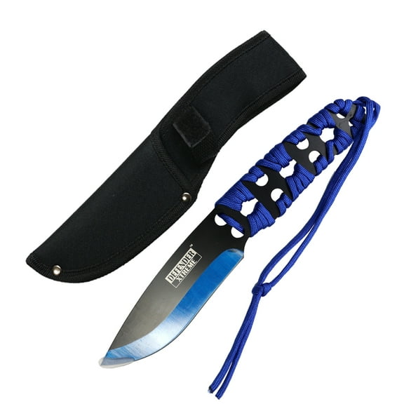 Defender-Xtreme 10" Black  Blue Blade With Blue Nylon Cord Wrapped Handle Hunting Knife With Sheath