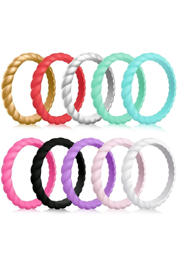 Silicone Wedding Ring for Women, 10-Pack Thin and Braided Rubber Band, Size 5