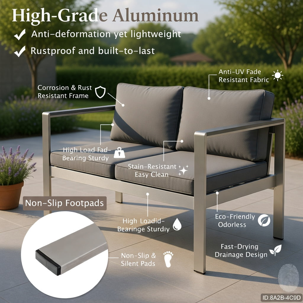 Hommoo Modern 2-Person Aluminum Outdoor Sofa Chair with WPC Armrests, Cushions & Silver Frame, All-Weather Balcony, Patio, Backyard Seating, Gray
