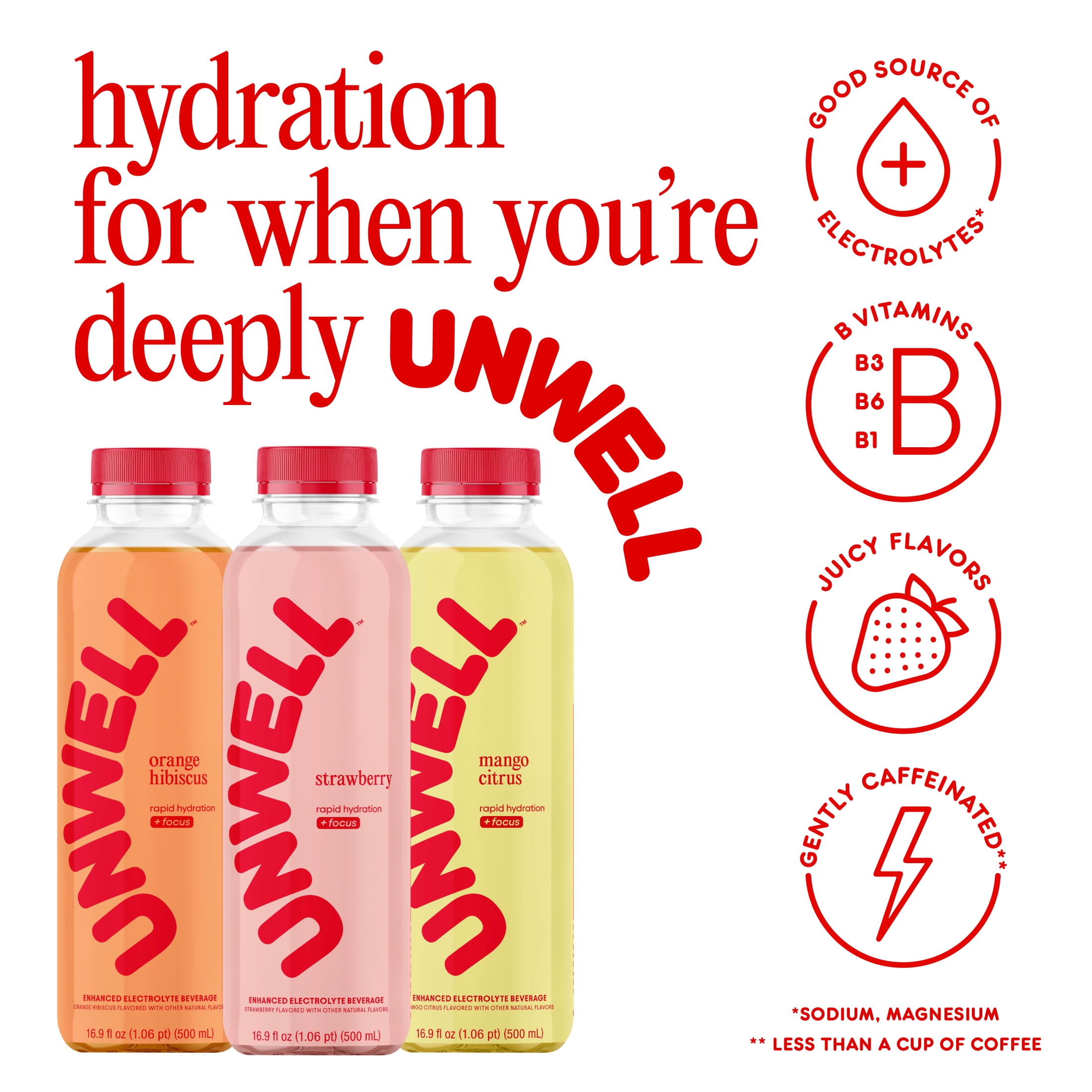 Unwell Hydration Electrolyte Drink for Rapid Hydration + Focus – Mango Citrus, 12 pack