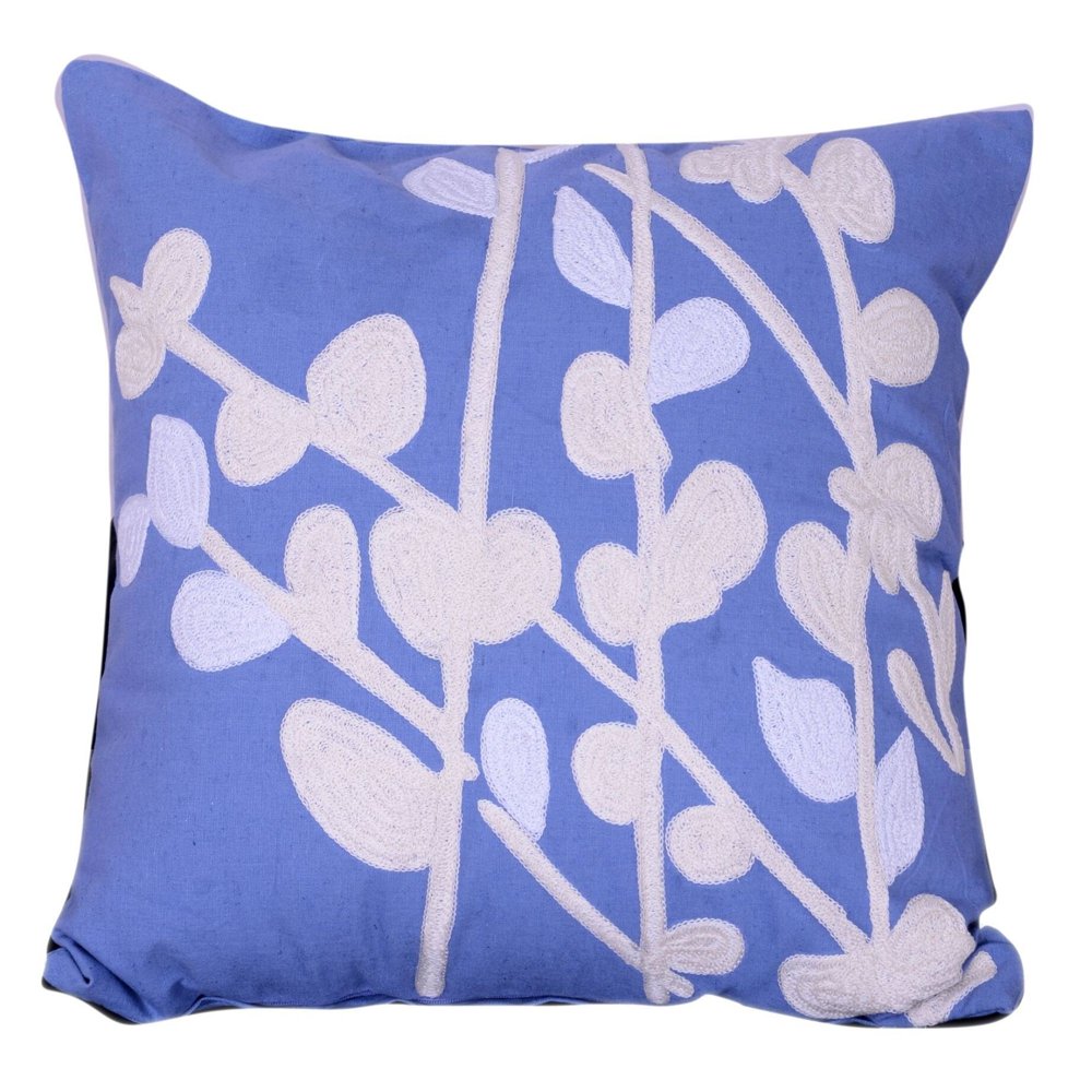 20" Periwinkle Blue and White Leafy Embroidered Rectangular Throw