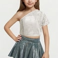 thumbnail image 2 of Diufon Sparkly Tops for Girls Trendy Single Shoulder Plaid Glitter Tank Crop Tops Performance Dance Shirt for Teen, 2 of 4