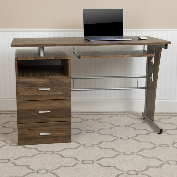Flash Furniture Rustic Walnut Desk With Three Drawer Pedestal And Pull Out Keyboard Tray Com Flash Furniture Rustic Walnut Desk With, Flash Furniture Computer Desk With 3 Drawer Pedestal