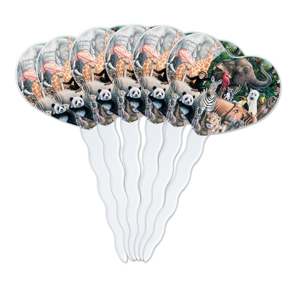World Animals Family Reunion Monkey Bear Zebra Elephant Heart Love Cupcake Picks Toppers Decoration Set of 6