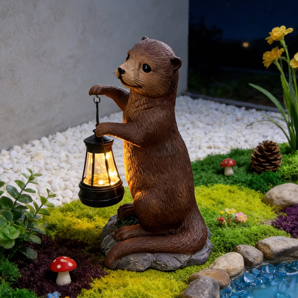 Solar Garden Statues Otters Figurine Outdoor Lights, IP44 Waterproof, 7.8Inch Resin Patio Lawn BalconyDecorations Outdoor, Garden Decor Unique Birthday Housewarming Gifts for Mom,Brown