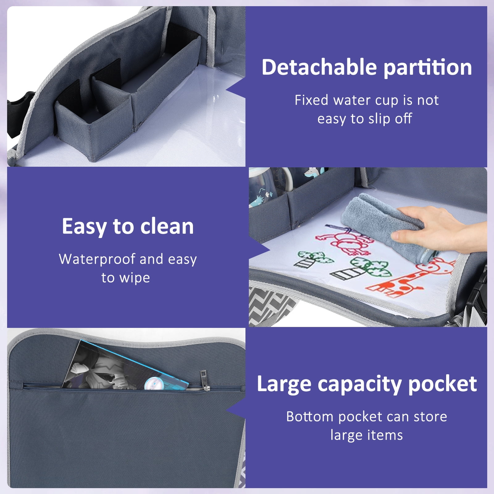 Kids Travel Tray Toddler Car Seat Lap Tray Road Trip Essentials Activity Table No-Drop Tablet Holder & Borders (All Grey)