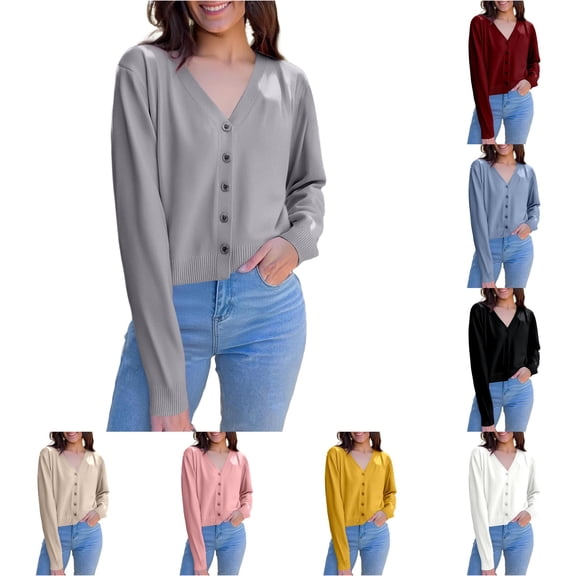 HCYSFG Womens Solid Color Cardigan Sweater V Neck Button Front Long Sleeve Slim Fit Lightweight Knit Everyday Layering Tops