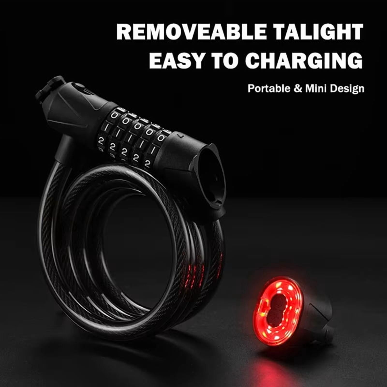 Bicycle Lock with Light 5 Digit Security Password Bike Lock Steel Cable Chain Anti-Theft Lock for Road Bike Black,1 x Bicycle Lock with Light,Black