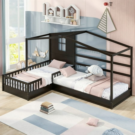 Twin Size House Platform Bed  L-Shaped Corner Platform Bed Frame with Roof and Fence  Montessori Bed for Boys Girls Kids Teens  No Box Spring Needed  Espresso
