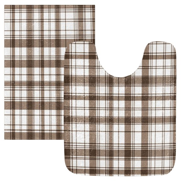 2 Piece Soft Bathroom Rug Set Brown and White Lattice Bath Mat and U-Shaped Toilet Contour Rug (16"x24" 20"x24")
