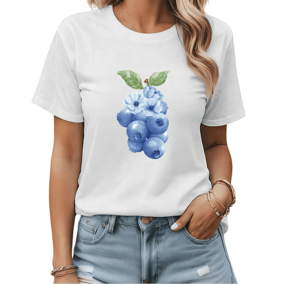 White Print T shirt Graphic Tees Blueberry Floral Pattern Spring Picnic Outfit Shirts S-5XL Tops