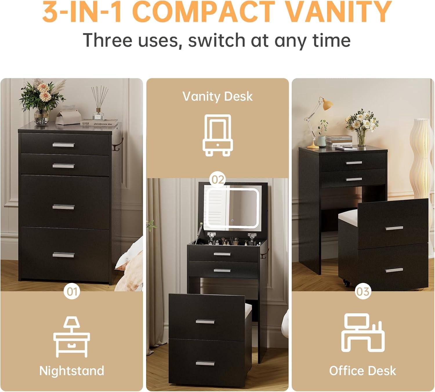 SELOOYE 3 in 1 Vanity Desk, Compact Vanity with 3 Drawers, Makeup Desk with Flip-up 3 Colors Lighting Mirror and Cushioned Stool, Small Vanities Nightstand Perfect for Bedroom, Black