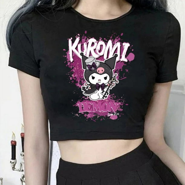 Top corto Kawaii Kuromi de dibujos animados para mujer, camiseta recortada Sanrio Kuromi, camiseta de Manga, camiseta estampada, ropa de calle, camisetas para mujer