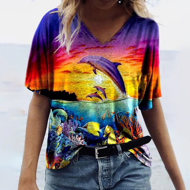 Puntoco - Camiseta de manga corta con estampado de animales marinos y cuello en V para mujer Puntoco Puntoco-4302