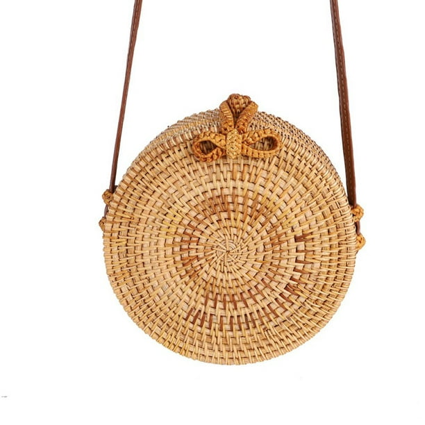 Handwoven Round Rattan Bag crossbody bags with Leather Straps Handmade ...