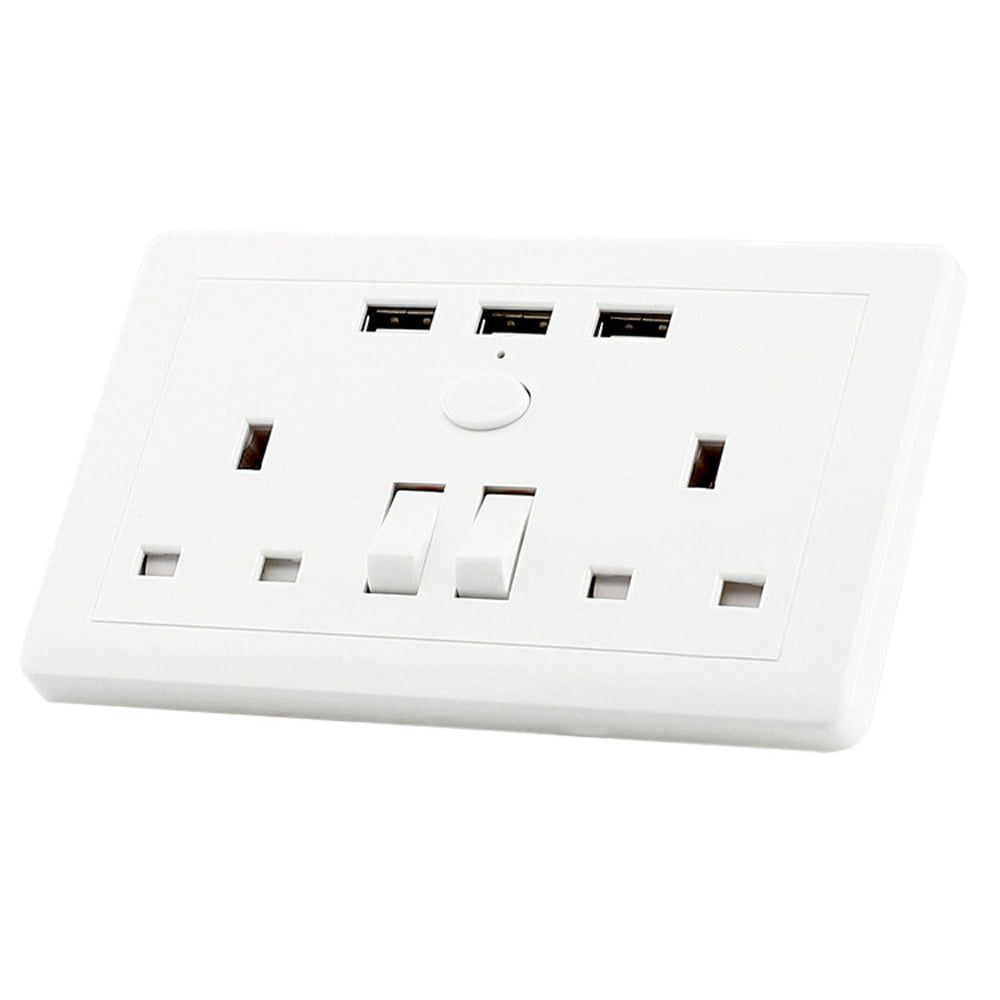Double Wall Plug Socket 2 Gang 13A with 3 USB Charger Port Outlets White Plate