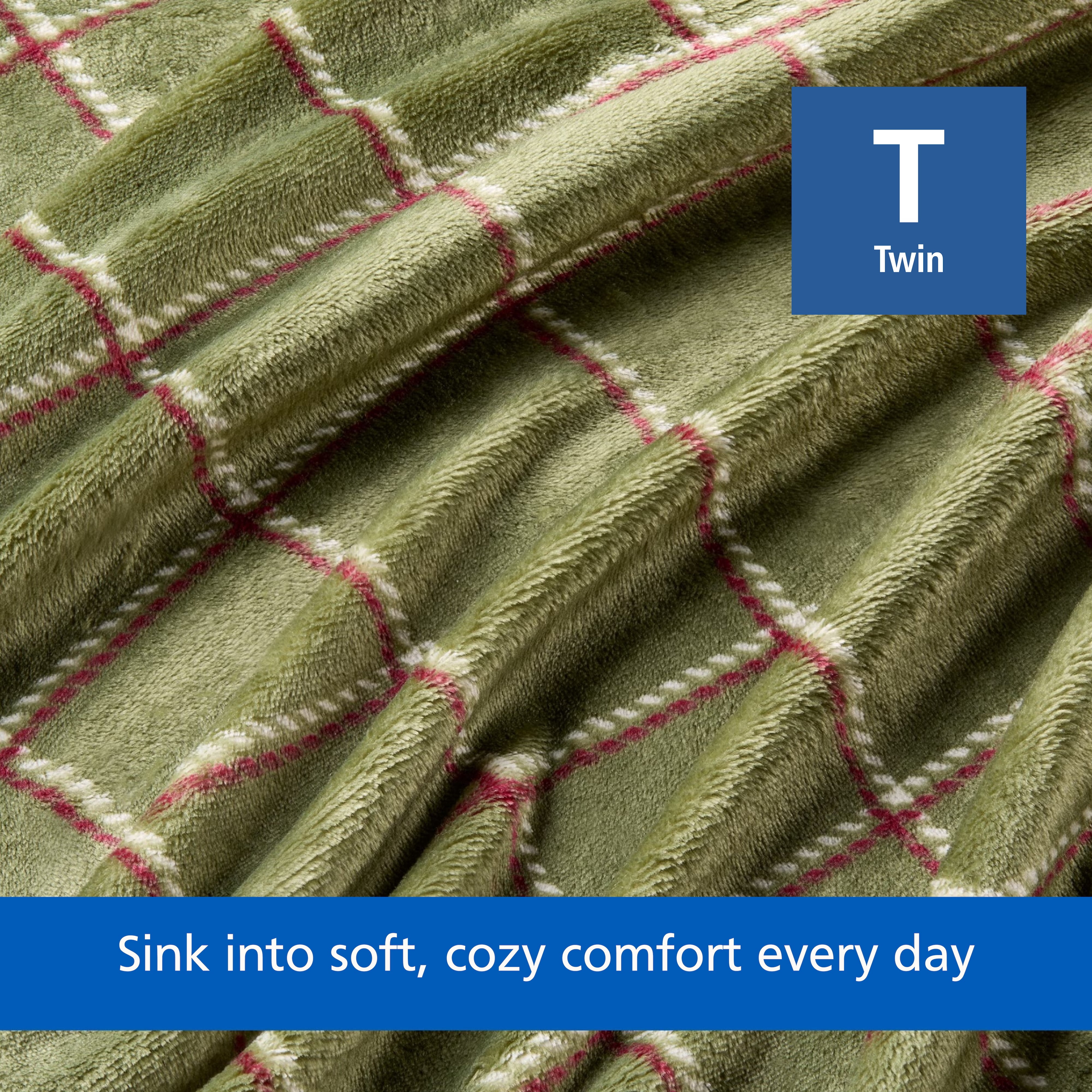 Mainstays Velvet Plush Bed Blanket, Green Check, Twin Size