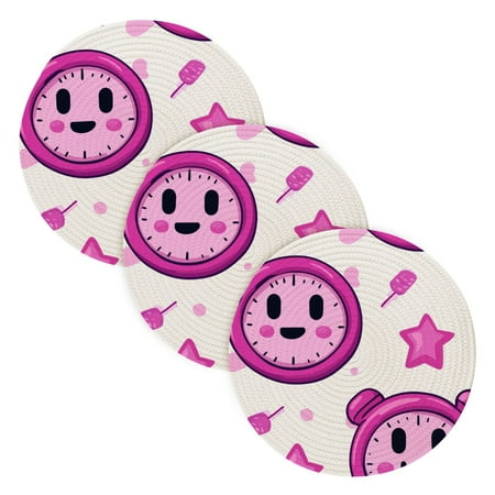 

Cute Alarm Clock Pattern Coil Dish Mat Set 3 Pack 15 Round Heat-Resistant Durable Soft Polyester