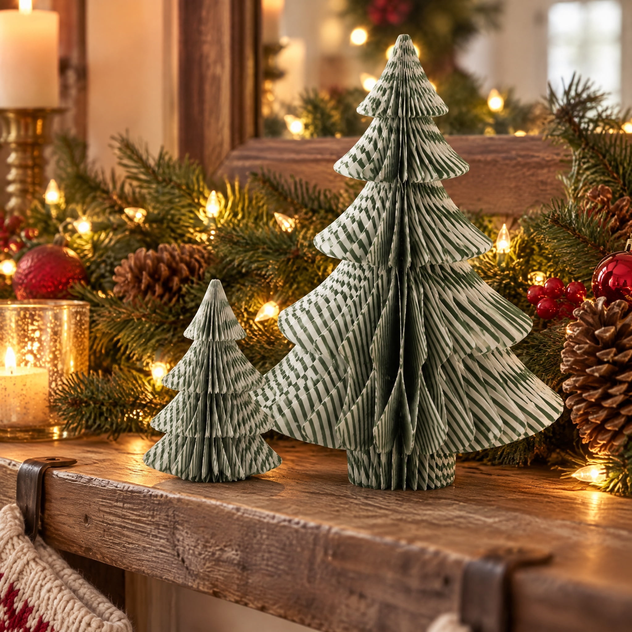 Paper Honeycomb Trees Christmas Decoration, Green and White, 2 Pieces, by Holiday Time
