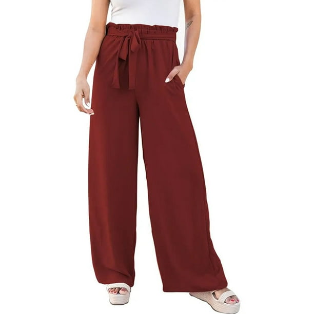 Sexy Dance Women Bottoms Wide Leg Palazzo Pant Paper Bag Waist Pants Loose  Fit Trousers High Waisted Red XL 