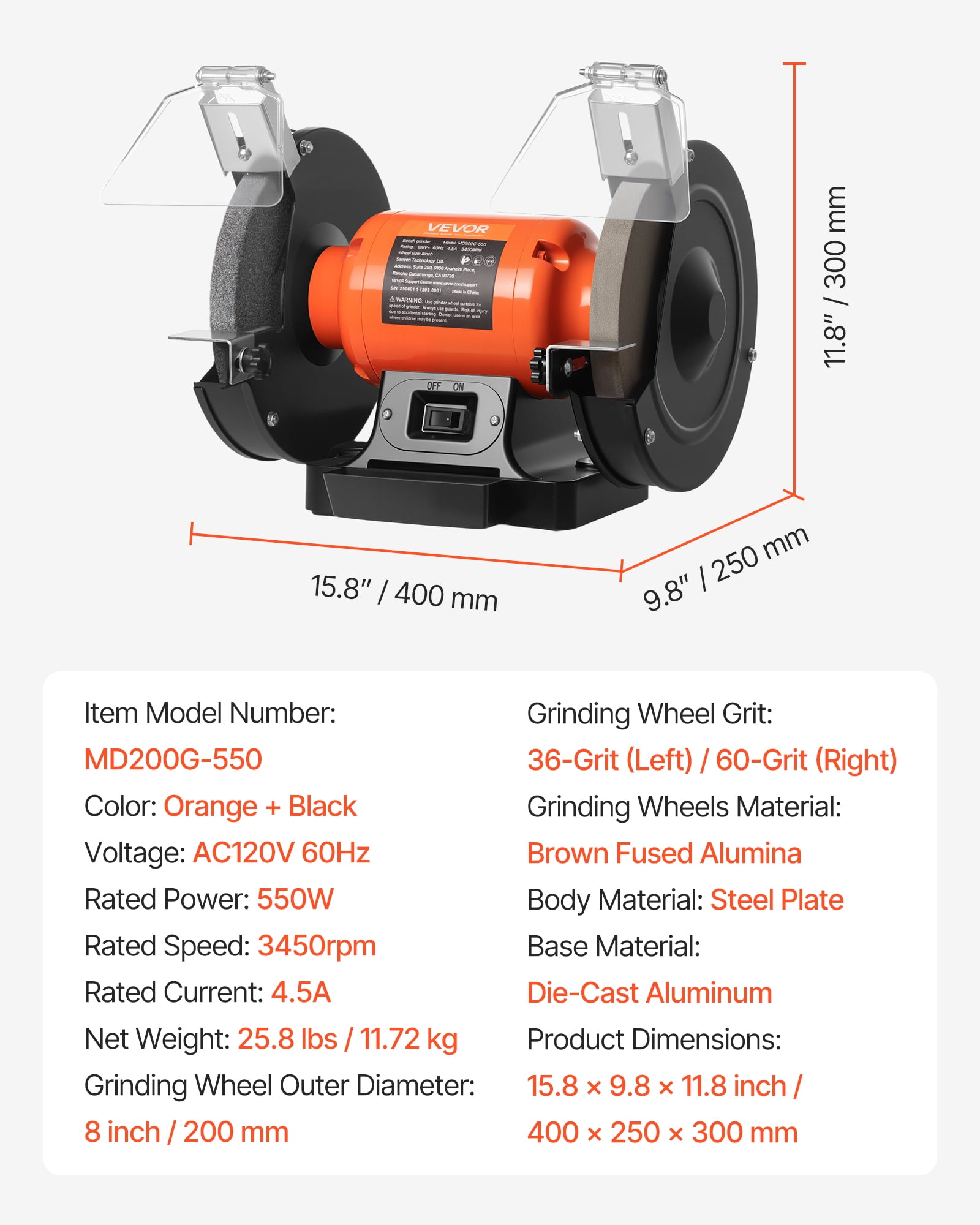 VEVOR Bench Grinder, 8-inch Single Speed Bench Grinder,3450RPM High-Speed Table Grinders with 550W 4.5A Induction Motor,36/60-Grit Grinding Wheel & Adjustable Eye Shield for Fast Sharpening Grinding