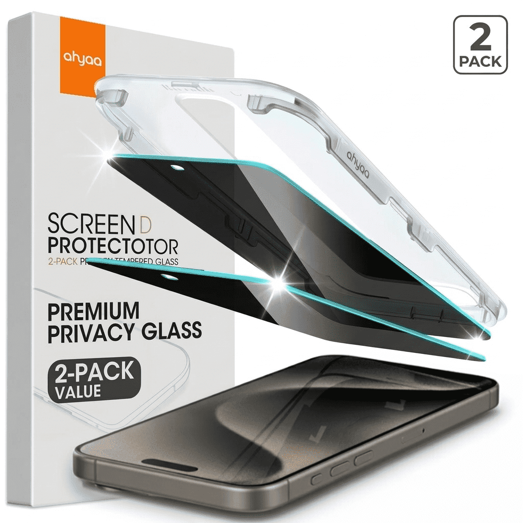 2 Pack Privacy Screen Protector for iPhone 15 Pro Max, Shatterproof Tempered Glass Film 6.7"[With Easy Installation Frame]