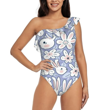 Gukieu Rabbit And Floral Print One-shoulder Ruffled One-piece Swimsuit with Removable Chest Pads and Tummy-control Swimsuit for Women-Small