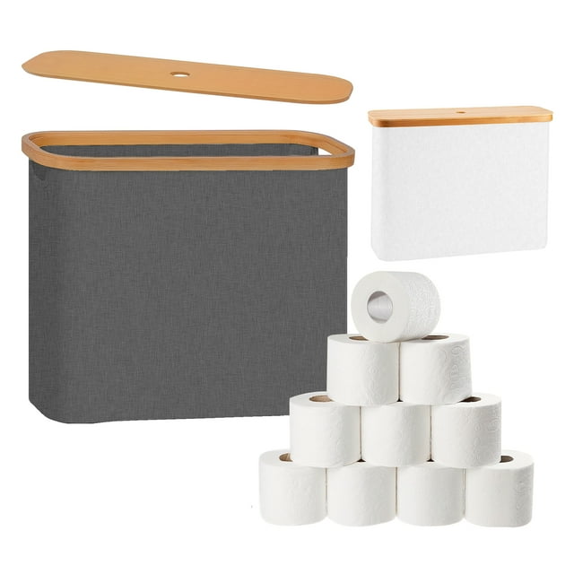 FT Hita Soporte de Almacenamiento de Papel Higiénico, Cesta de Almacenamiento con Tapa de Bambú, Cesta de Papel Higiénico con Tapa para Soporte de Papel Higiénico Estándar de 12 Rollos