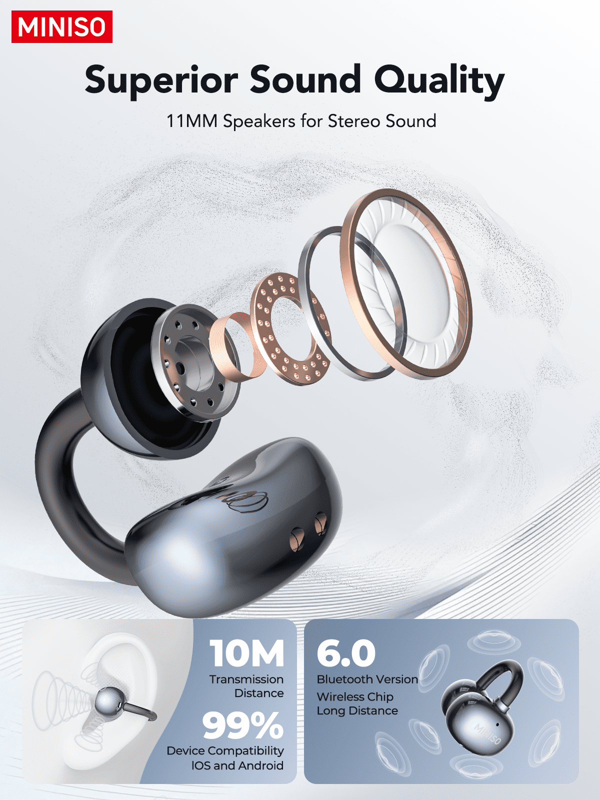 Clip-on Earbuds, Miniso MS199 AI Real-Time Translation Wireless, Open Ear Bluetooth 5.4, 130+ Languages, IPX5 Waterproof for Travel/Gym,With LED Touch Screen,Type-C Fast Charge, Gunmetal