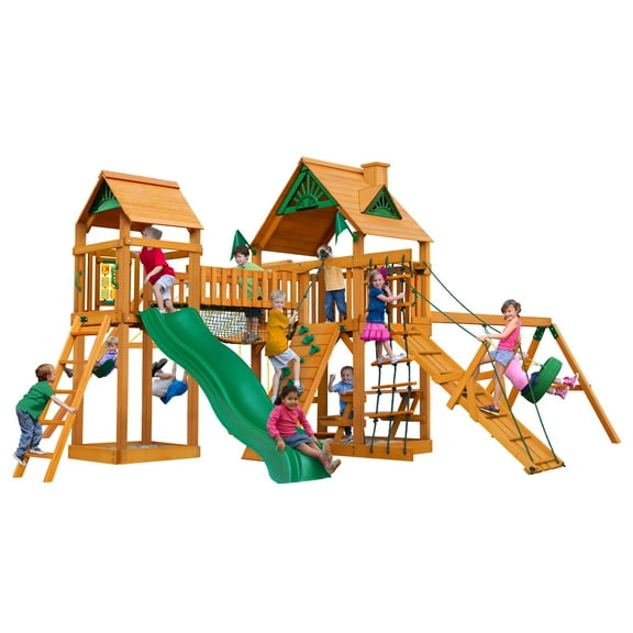 Gorilla Playsets Pioneer Peak Wooden Swing Set with Wood Roof, Tire Swing, and Clatter Bridge and Tower