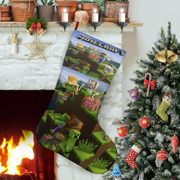 Minecraft Tema: Calcetines de Navidad, fino lino blanco para colgar en escaleras y chimenea, decoración navideña para el hogar, regalo de Navidad. 45cm × 32cm