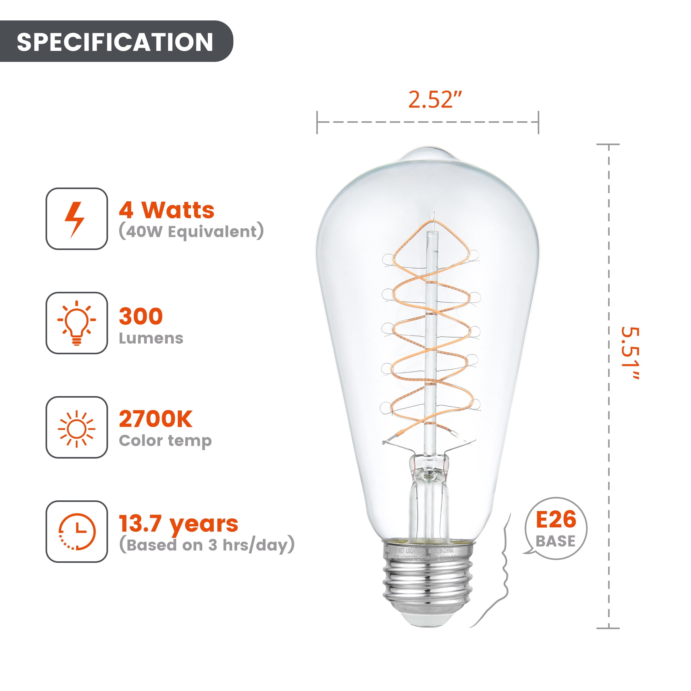 Better Homes & Gardens 4W(40W Equivalent) Soft White Dimmable ST19 Thin Filament Light Bulb E26 Base 2 Pack