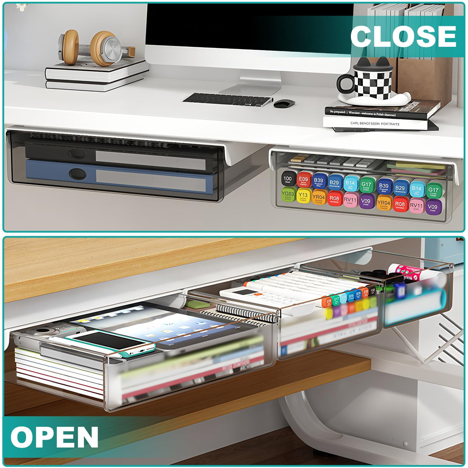 Under Desk Table Drawer Storage Organizer 3 Pack Small & Medium Large Slide Out Drawers - Desktop Adhesive Pencil Tray Table(clear/lms)