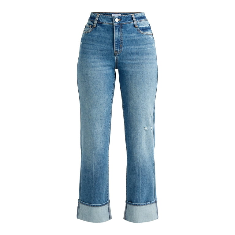 Time and Tru Women's High Rise Straight Leg Cuffed Jeans, 29
