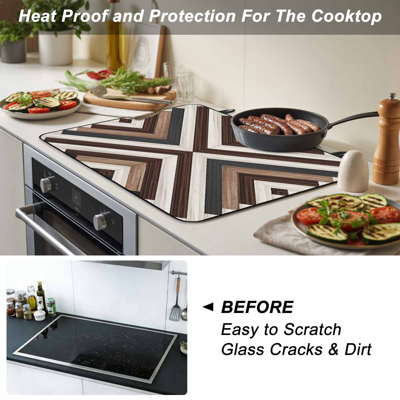 Brown Blue Geometric Stove Top Cover for Electric Stove, Heat-proof & Non Slip Glass Top Stove Cover Protector, Modern Vintage Abstract Art Kitchen Flat Cooktop Rubber Mat 24x21 Inches