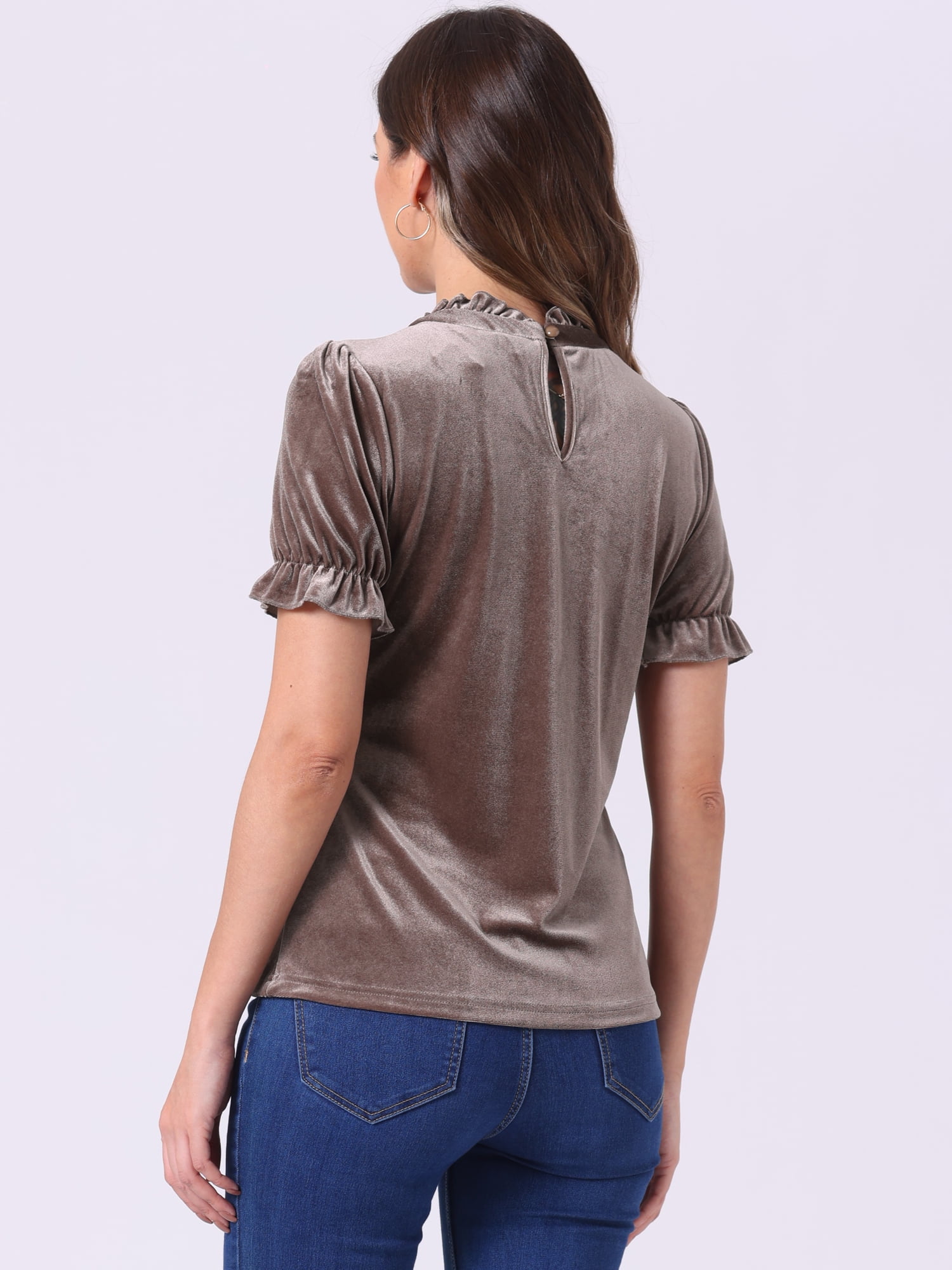 DARING DIVA Ruffle Collar Short Sleeve Velvet Blouse XS Light Brown
